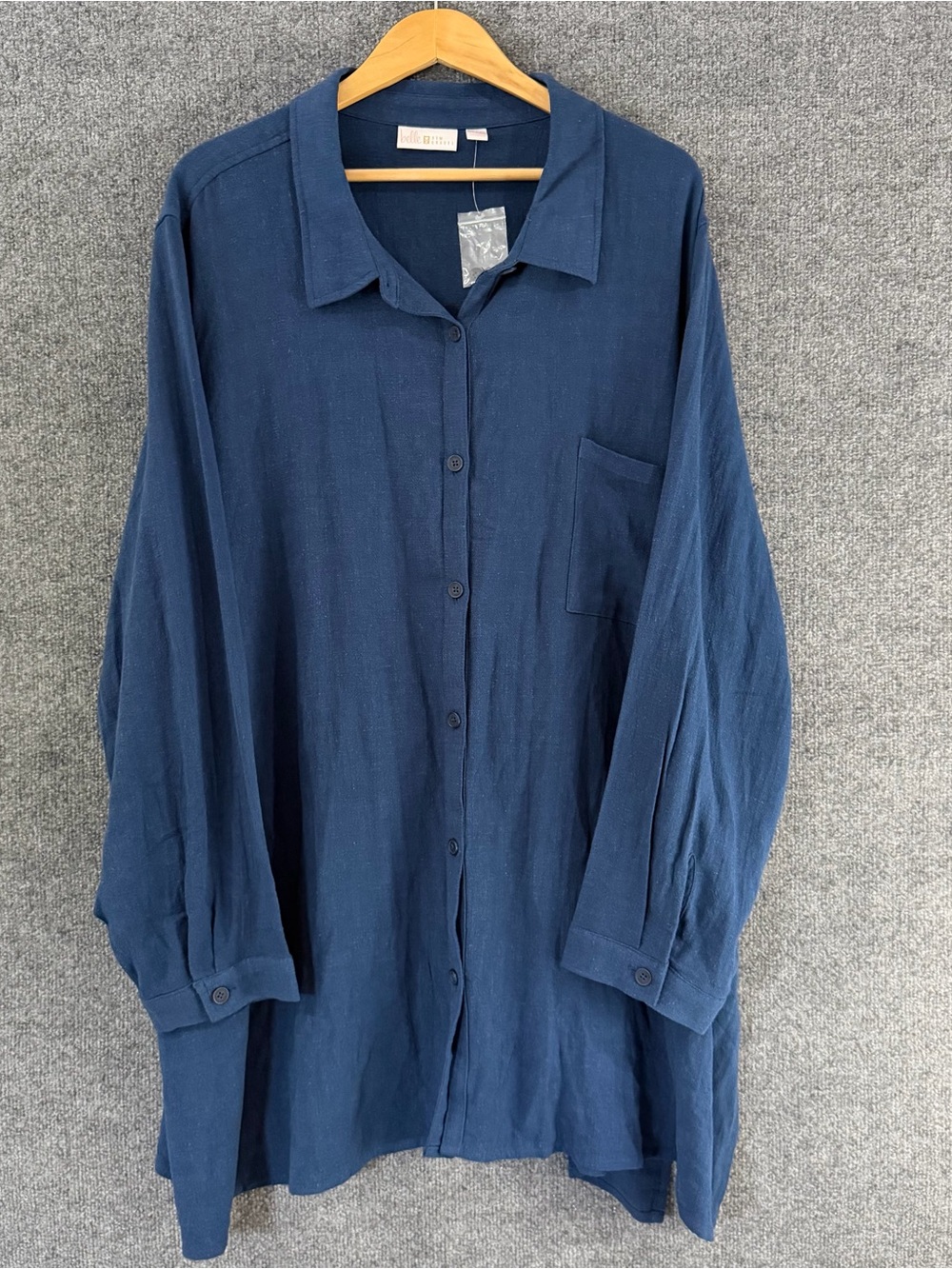 Belle Kim Gravel Womens Linen Blend Button Up Tunic Top Size 4X Blue NWOT